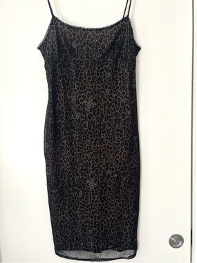 Windsor Y2K leopard midi Slip Dress | embellished mesh overlay